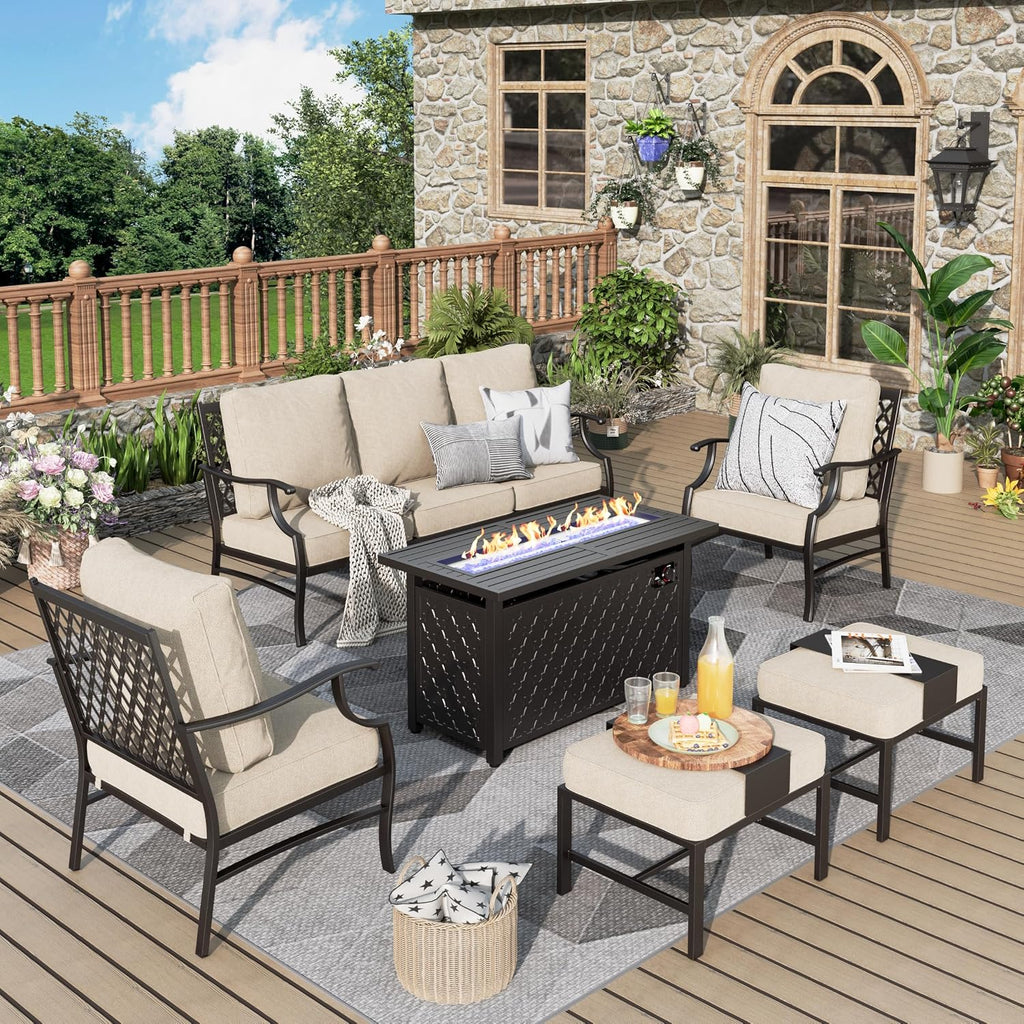 MIXPATIO Patio Furniture Set, 6 Pcs Metal Outdoor Conversation Set, 2 Single Chairs, 2 Ottomans and 3 Seater Sofa with 5.75' Extra Thick Cushion and Gas Fire Pit Table, Beige