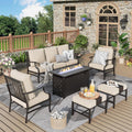 MIXPATIO Patio Furniture Set, 6 Pcs Metal Outdoor Conversation Set, 2 Single Chairs, 2 Ottomans and 3 Seater Sofa with 5.75' Extra Thick Cushion and Gas Fire Pit Table, Beige