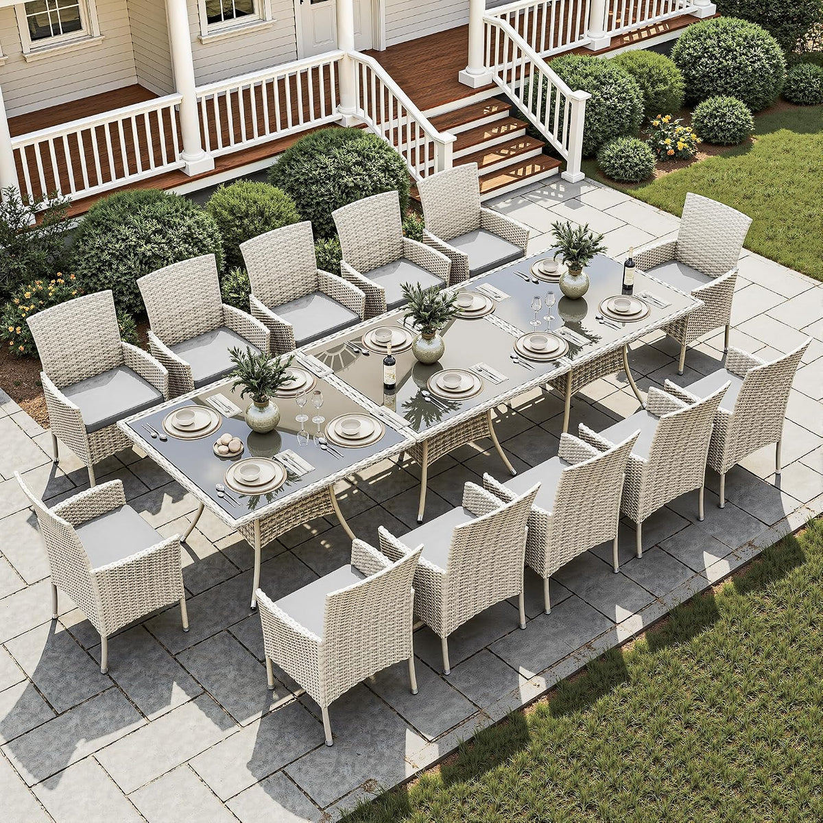 15-Piece Patio Dining Set, Patio Furniture Set with Square Tempered Glass Table & 12 Wicker Chairs, Expandable Design for Larger Groups, Outdoor Furniture for Backyard, Deck, Garden, Grey
