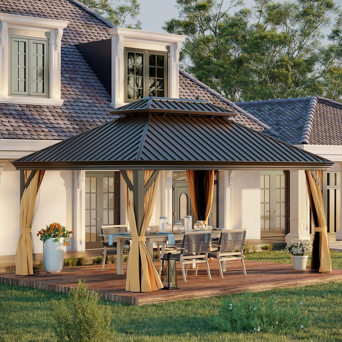 12X16 ft Hardtop Gazebo Outdoor Aluminum Patio Gazebo Double Roof Galvanized Steel Gazebo Canopy with Netting and Curtains,for Garden Patio,Patio Backyard,Deck and Lawns