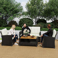 Green4ever Patio Conversation Sets, Wicker Outdoor Patio Furniture Set, 4 Pieces All Weather Rattan Patio Sofa with Wood Coffee Table and Thick Cushions, Beige
