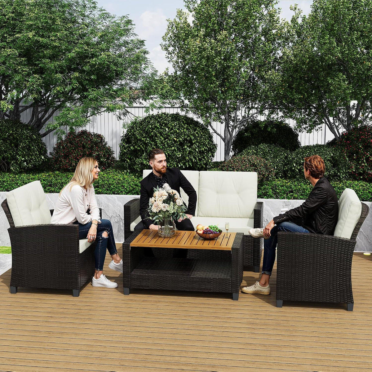 Green4ever Patio Conversation Sets, Wicker Outdoor Patio Furniture Set, 4 Pieces All Weather Rattan Patio Sofa with Wood Coffee Table and Thick Cushions, Beige