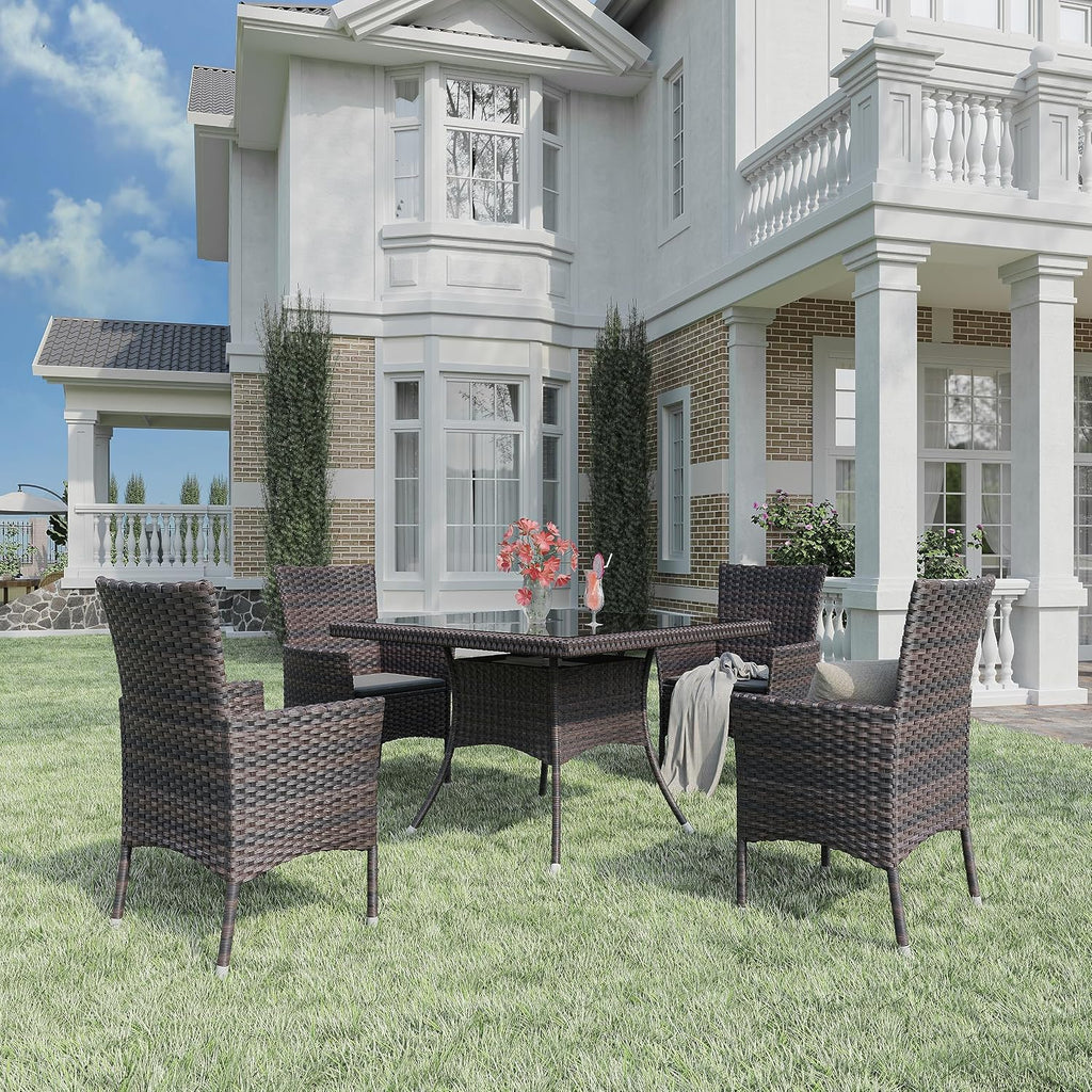 Gotland 15 Piece Outdoor Dining Set, All-Weather Rattan Patio Furniture Set with Umbrella Hole Tempered Glass Square Table, Outdoor Table and Chairs with Removable Cushions for Backyard, Deck Navy