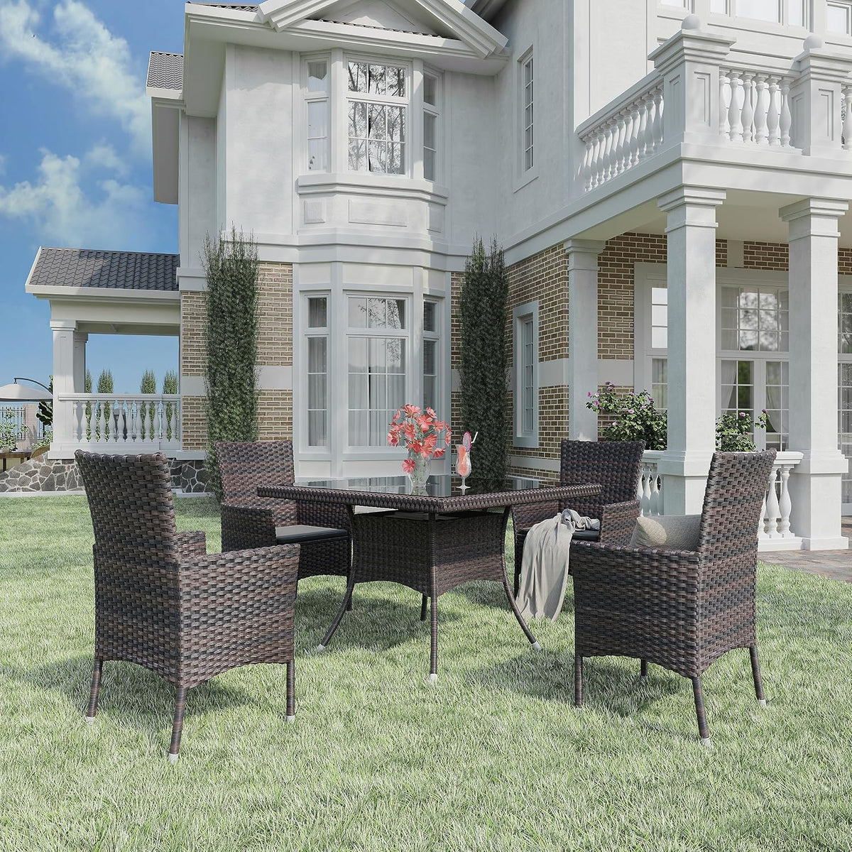 Gotland 15 Piece Outdoor Dining Set, All-Weather Rattan Patio Furniture Set with Umbrella Hole Tempered Glass Square Table, Outdoor Table and Chairs with Removable Cushions for Backyard, Deck Navy