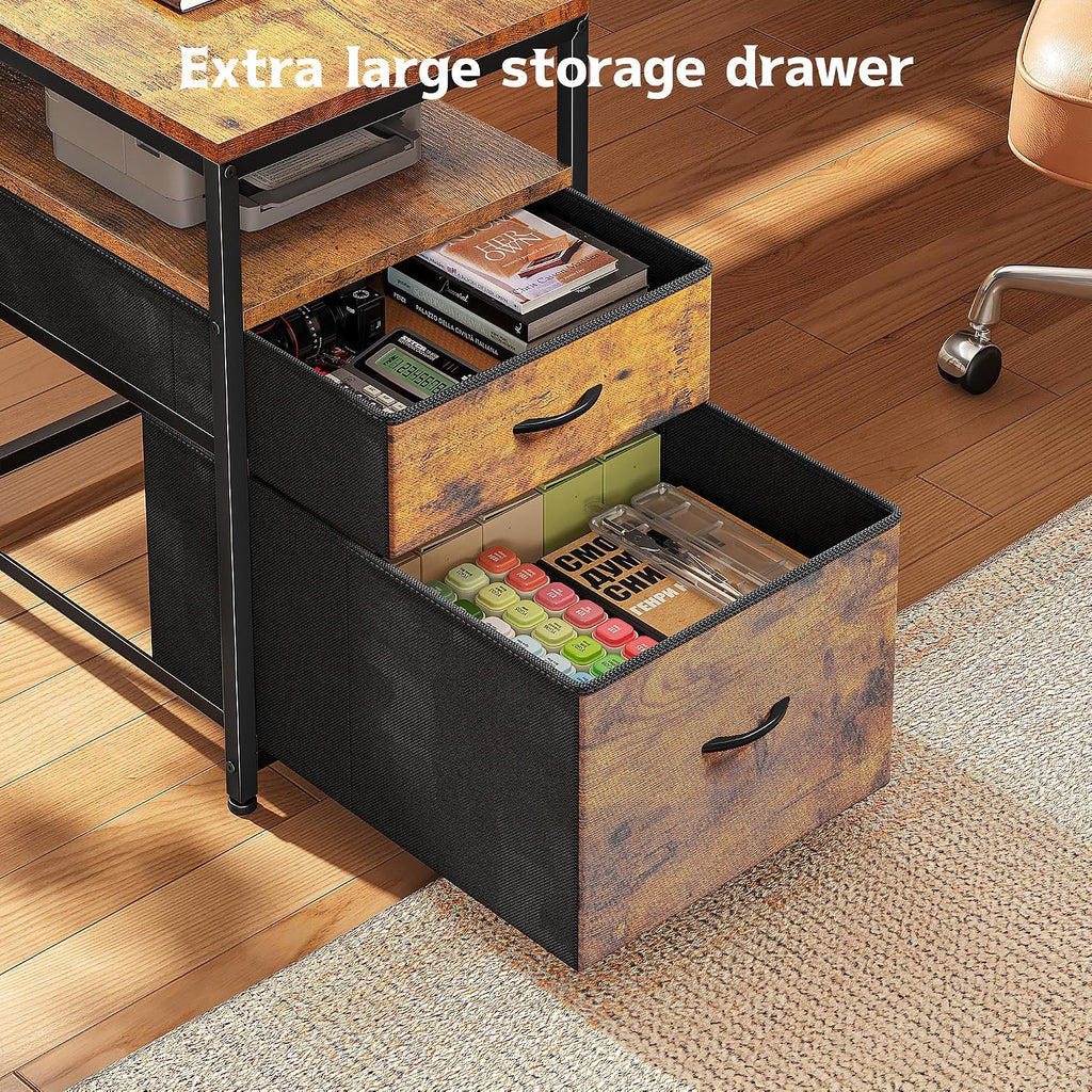 DurayLoly L Shaped Desk with Monitor Stand, 63'' Reversible U Shaped Office Desk with 6 Tire Storage Shelves & 2 Fabric Drawers, Gaming Desk with Power Outlet & LED Strip, Rustic Brown
