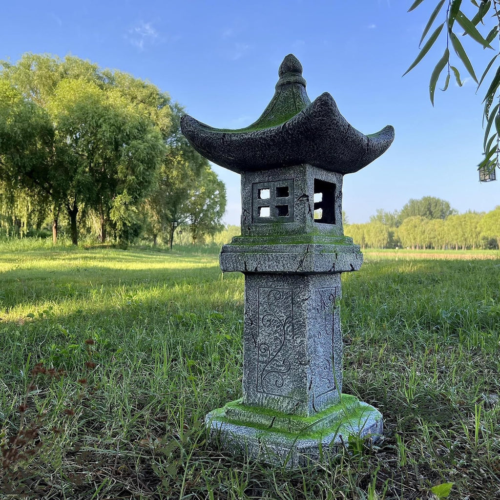 Japanese Pagoda Statue Solar-Powered LED Light Moss-Covered Retro Miniature Tower Lantern Garden Decoration Figurines Solar Lamp Outdoor Asian Decoration Zen Courtyard Landscape 31.5''High