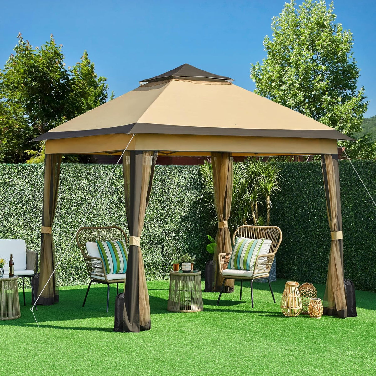 Yaheetech 11x11 Pop Up Gazebo Outdoor Canopy Shelter, Instant Patio Gazebo Sun Shade Canopy Tent with 4 Sandbags, Double Tiers & Mesh Netting for Lawn, Garden, Backyard & Deck, Khaki