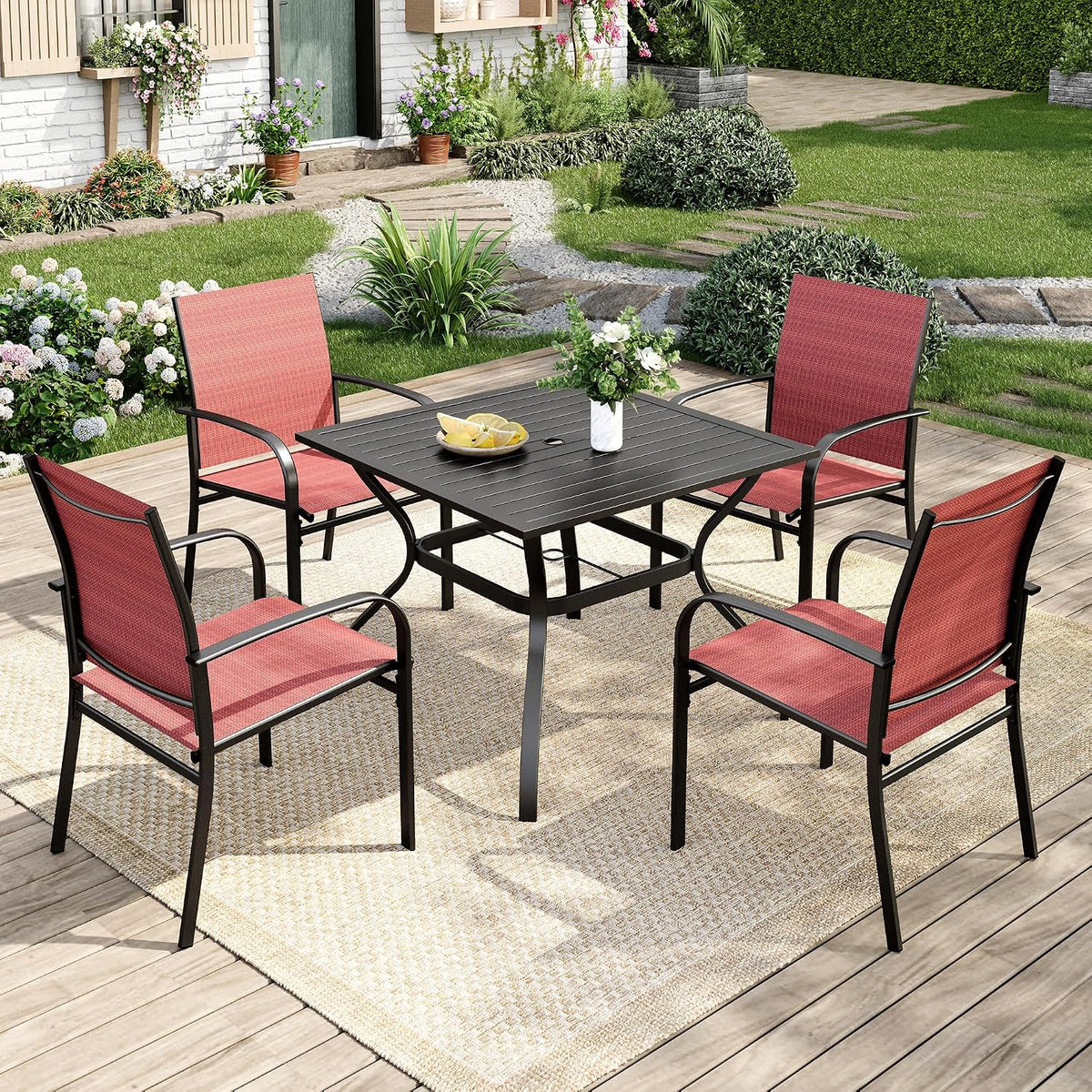 MIXPATIO 5 Pieces Patio Table and Chairs Set, 4 Person Outdoor Dining Furniture Set, 4 Red Textilene Chairs and 37' Square Metal Table with Umbrella Hole, for Deck Backyard Lawn