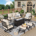 MIXPATIO Patio Furniture Set, 6 Pcs Metal Outdoor Conversation Set, 2 Swivel Chairs, 2 Ottomans and 3 Seater Sofa with 5.75' Extra Thick Cushion and Gas Fire Pit Table, Beige