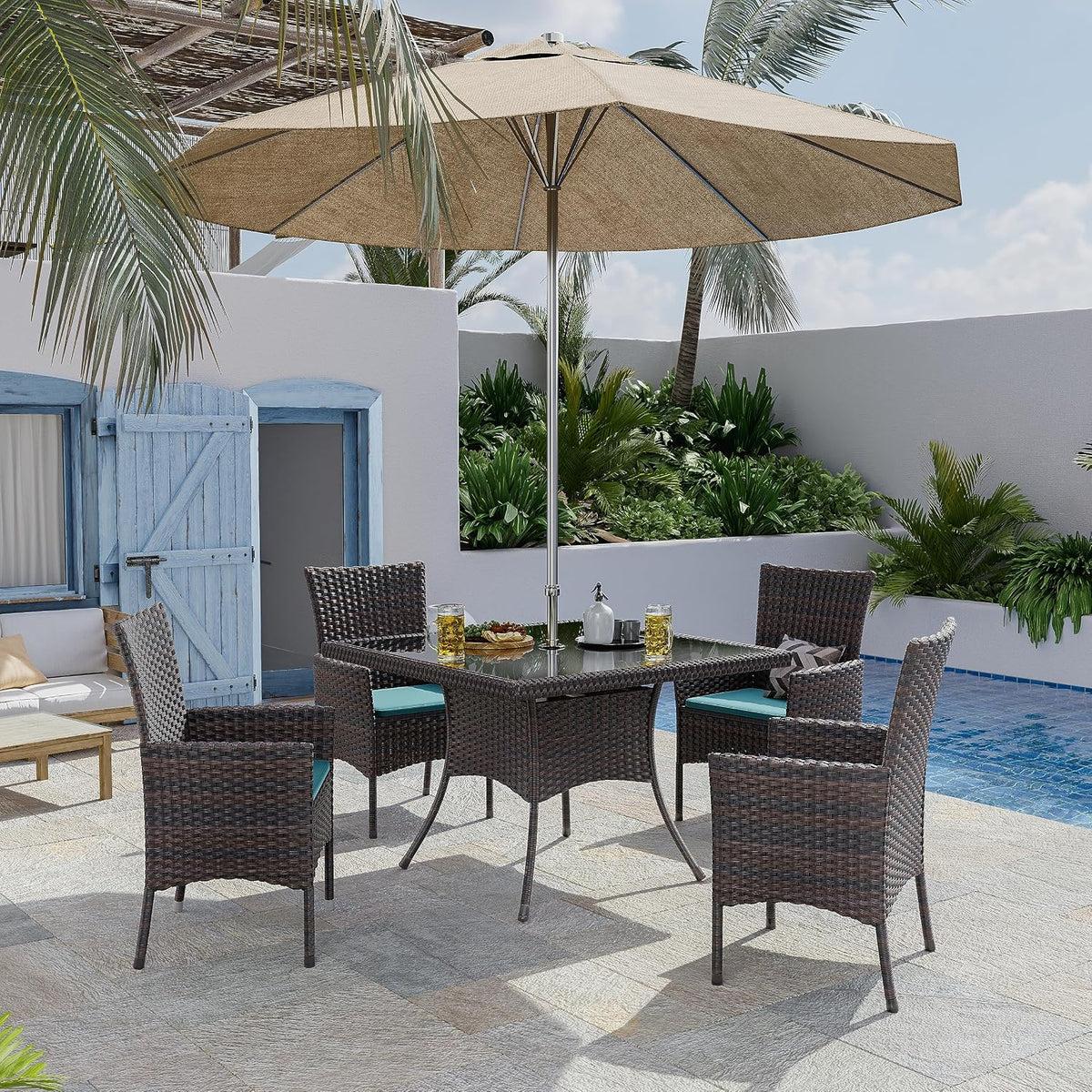 Gotland 15 Piece Outdoor Dining Set, All-Weather Rattan Patio Furniture Set with Umbrella Hole Tempered Glass Square Table, Outdoor Table and Chairs with Removable Cushions for Backyard, Deck Blue