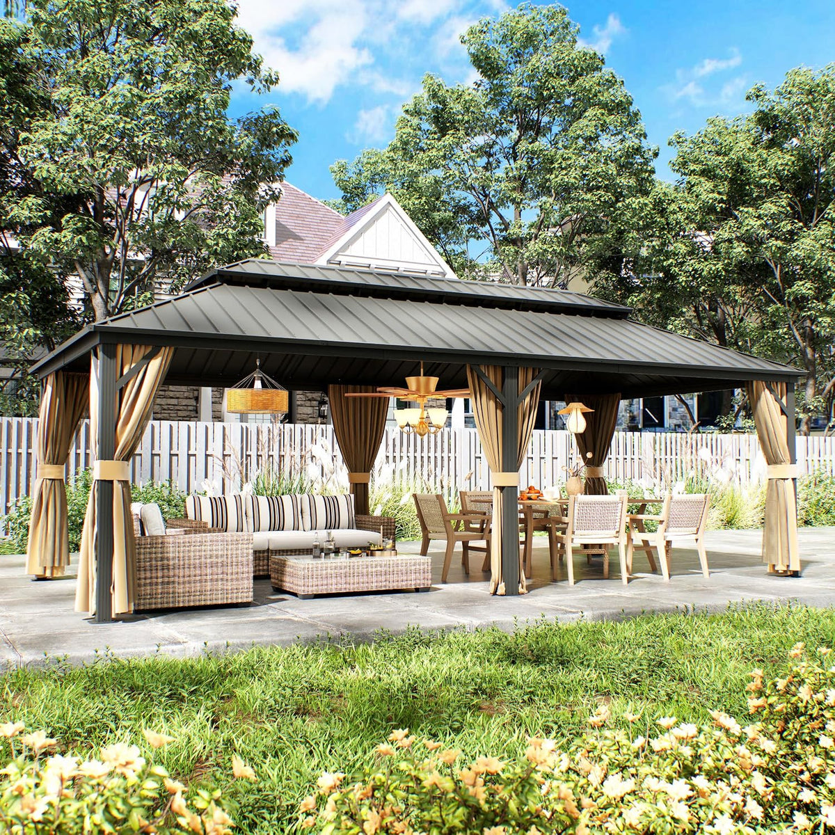 12×24 ft Outdoor Gazebo with Double-Layered Galvanized Steel roof, Hard-top Canopy Featuring Curtains and mesh Panels, Suitable for patios, Gardens, Decks, lawns, and backyards.