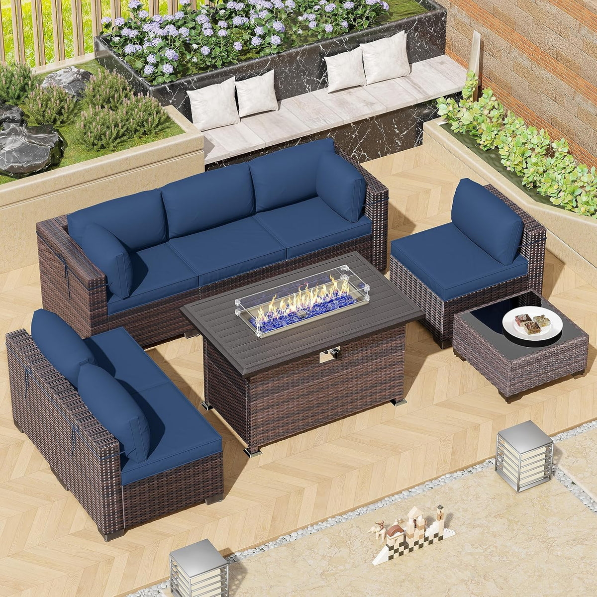8 Pieces Outdoor Patio Furniture Set,Outdoor Sectional Furniture with 43' 55000 BTU Gas Propane Fire Pit Table,All Weather PE Rattan Wicker Patio Conversation Set,Navy Blue
