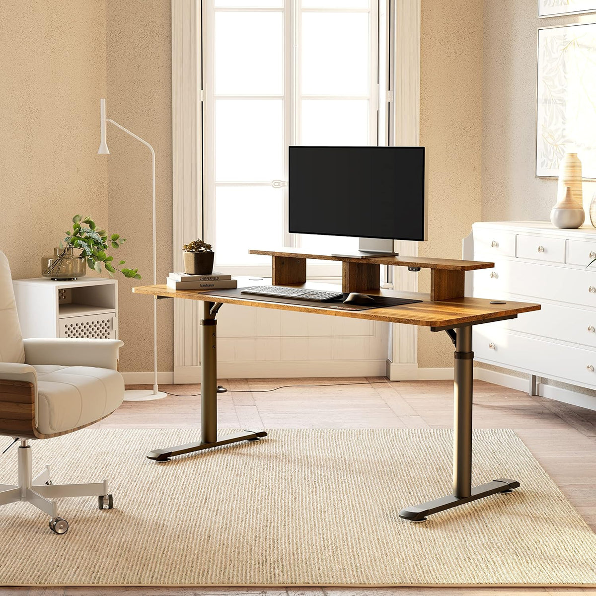 EUREKA ERGONOMIC 60 Inch Computer Desk Manual Adjustable Height Standing Desk, Home Office Desk with Monitor Stand Shelf Led Lights Strips, Computer Desk with Dual 2 Monitor Mouse Pad, Brown