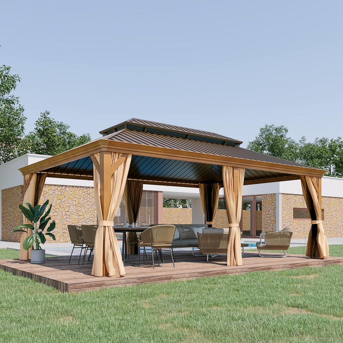 14x20 ft Hardtop Gazebo Outdoor Aluminum Patio Gazebo Double Roof Galvanized Steel Gazebo Canopy with Netting and Curtains,for Garden Patio,Patio Backyard,Deck and Lawns