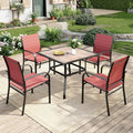 MIXPATIO 5 Pieces Patio Table and Chairs Set, 4 Person Outdoor Dining Furniture Set, 4 Red Textilene Chairs and 37' Wood-Like Table Top Table with Umbrella Hole, for Deck Backyard Lawn