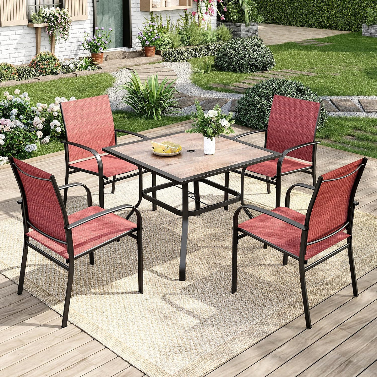 MIXPATIO 5 Pieces Patio Table and Chairs Set, 4 Person Outdoor Dining Furniture Set, 4 Red Textilene Chairs and 37' Wood-Like Table Top Table with Umbrella Hole, for Deck Backyard Lawn