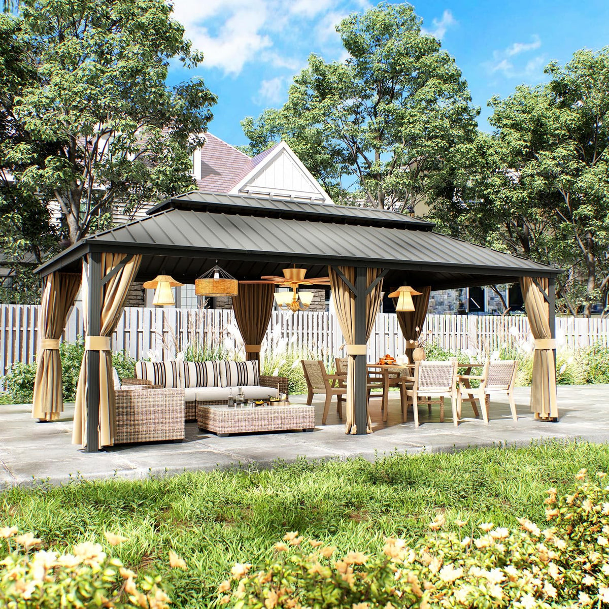 12×22 ft Outdoor Gazebo with Double-Layered Galvanized Steel roof, Hard-top Canopy Featuring Curtains and mesh Panels, Suitable for patios, Gardens, Decks, lawns, and backyards.