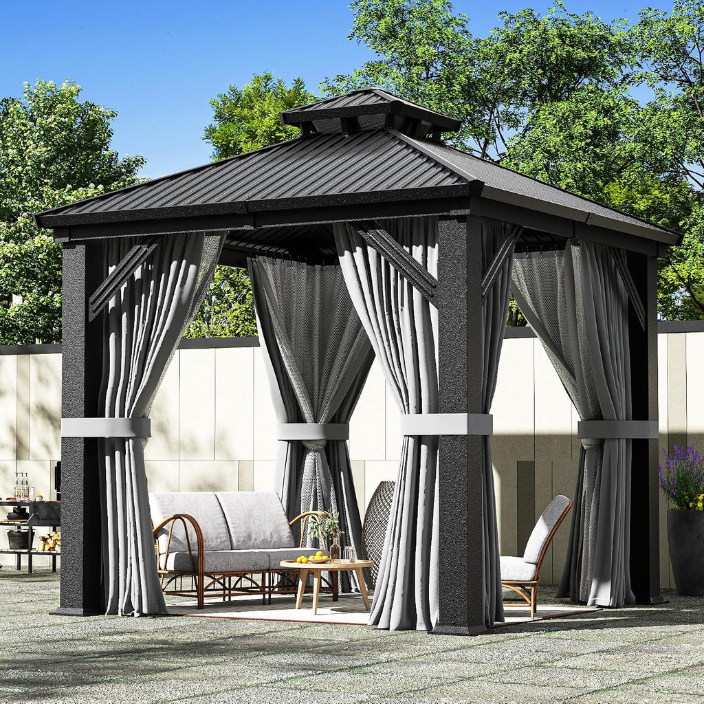 AirWire 8'x8' Gazebo Hardtop Gazebo, Aluminum Pergola with Double Galvanized Steel Roof, Permanent Outdoor Metal Canopy with Curtain and Netting for Patio, Backyard, Deck,Grey