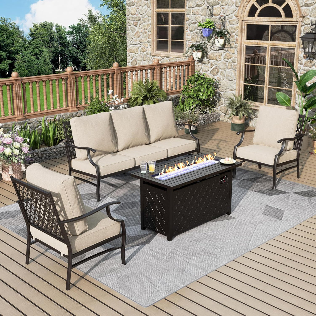 MIXPATIO Patio Furniture Set with Firepit Table, 4 Pcs Metal Outdoor Conversation Set, 2 Single Chairs and 3 Seater Sofa with 5.75' Extra Thick Cushion and Gas Fire Pit Table for Backyard Deck, Beige