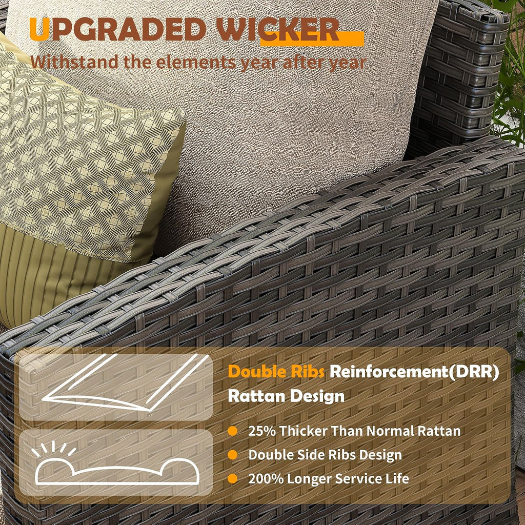 UDPATIO Patio Furniture Set with 44' Fire Pit Table, 6 Pieces Outdoor Sectional Conversation Sets, All-Weather Wicker Rattan Sofa Ottoman with 4' Thick Cushion for Garden Backyard Deck, Khaki