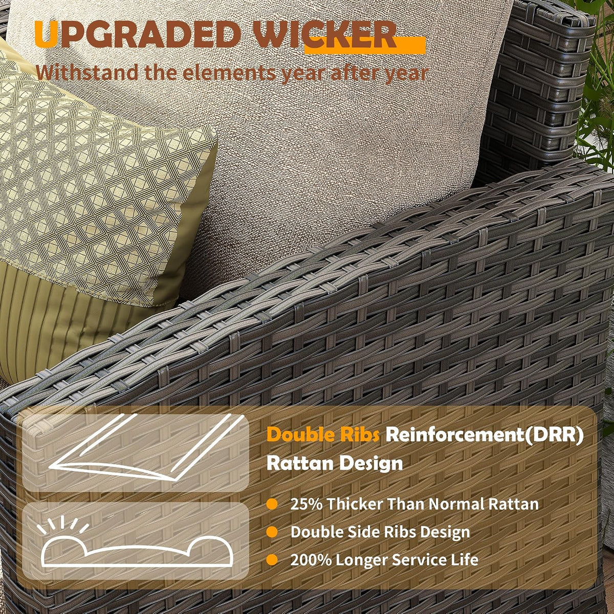UDPATIO Patio Furniture Set with 44' Fire Pit Table, 6 Pieces Outdoor Sectional Conversation Sets, All-Weather Wicker Rattan Sofa Ottoman with 4' Thick Cushion for Garden Backyard Deck, Khaki