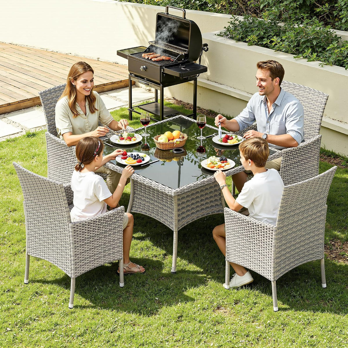 5-Piece Patio Dining Set, Patio Furniture Set with Square Tempered Glass Table & 4 Wicker Chairs, Expandable Design for Larger Groups, Outdoor Furniture for Backyard, Deck, Garden, Grey